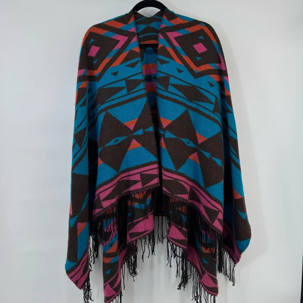 Bohemian Teal Southwestern Print Ruana
Wrap Poncho With Fringe Aztec - Picture 2 of 7